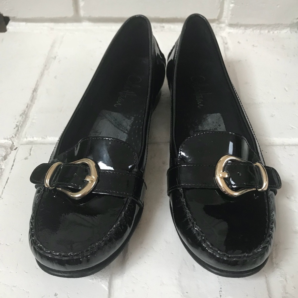 Cole Haan Black patent leather loafers with buckle